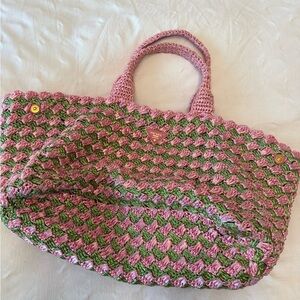 PRADA Pink & Green Woven Beach Bag